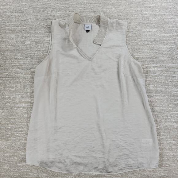 CAbi Snapshot Satin Top Womens Large Ivory Pleated Collar V-Neck Tank Shirt - Picture 1 of 11